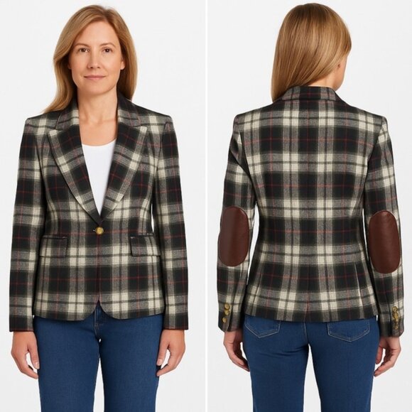 Smythe Hutton 100% Wool Plaid Leather Elbow Patch Blazer - Picture 1 of 12